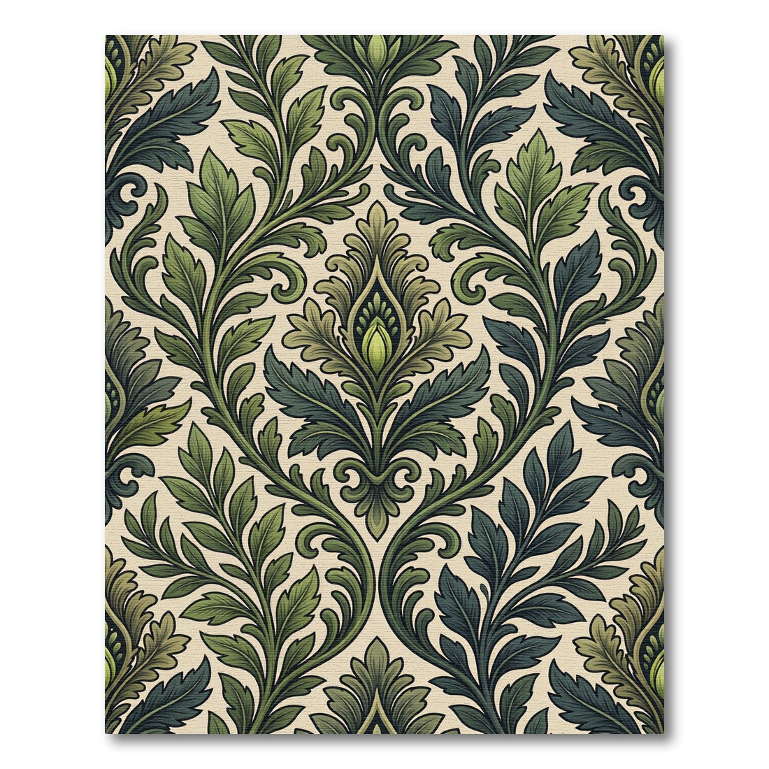 Elegant Olive Green Damask Foliage Rug