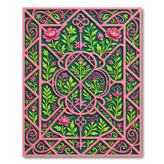 Sophisticated Pink Botanical Key Lattice Rug