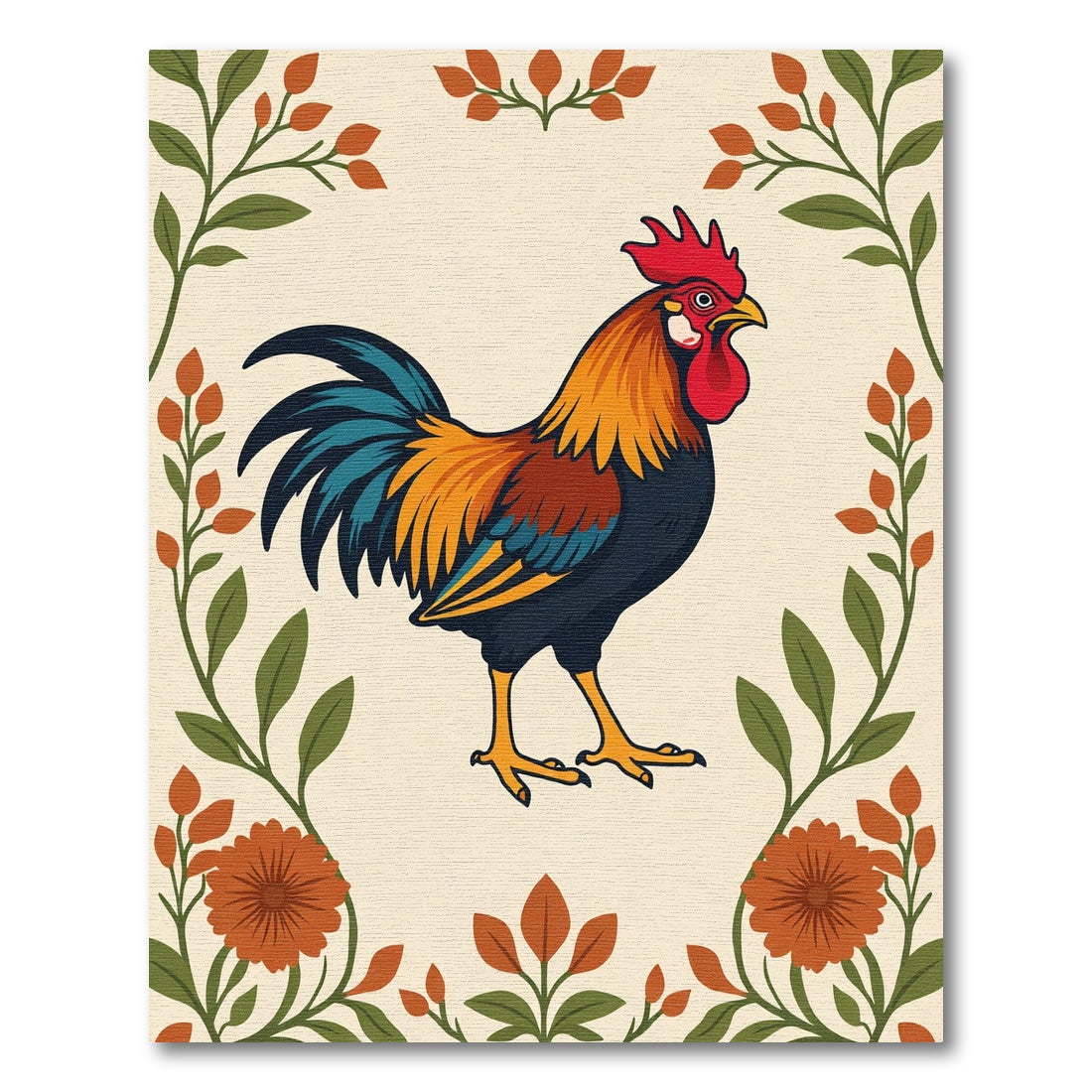 Vibrant Rooster Floral Border Rug