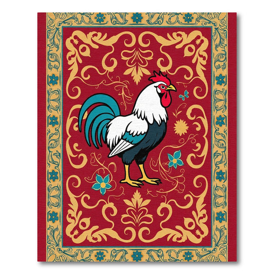 Bold Red Rooster Floral Border Rug