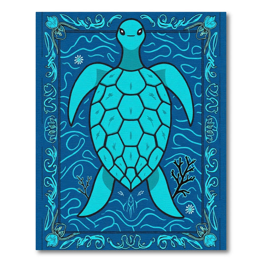 Aqua Turtle Ocean Waves Border Rug
