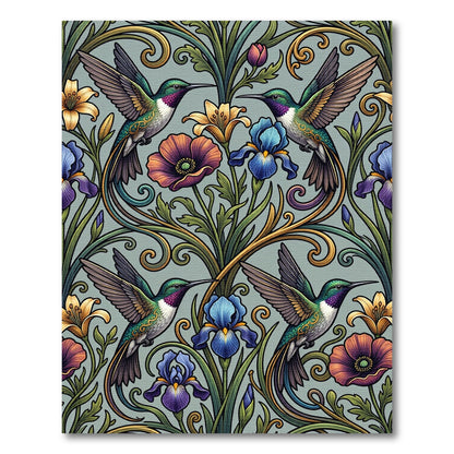 Art Nouveau Hummingbird and Floral Illustration Rug