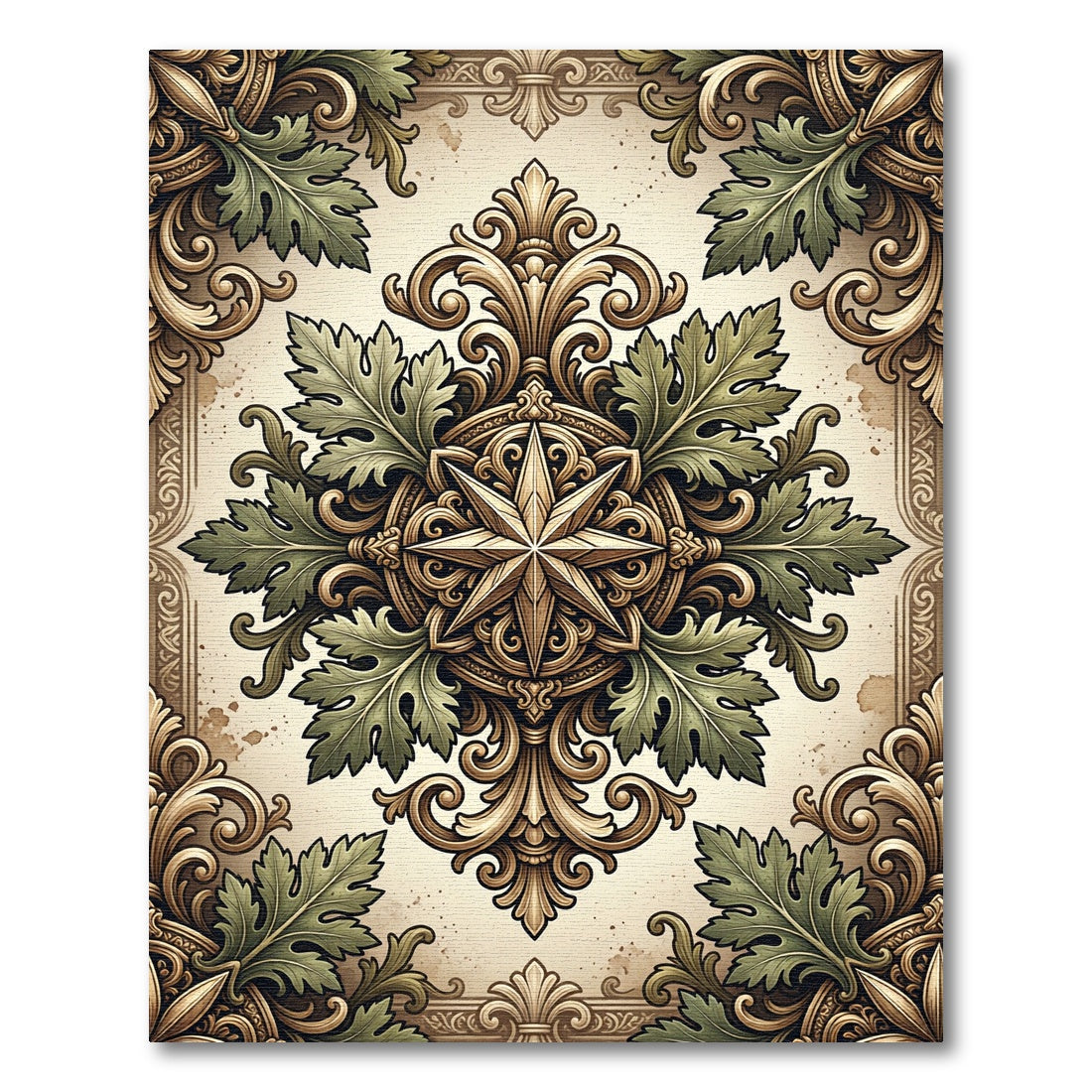 Ornate Gold Green Leaf Medallion Rug