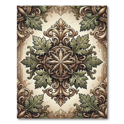 Ornate Gold Green Leaf Medallion Rug