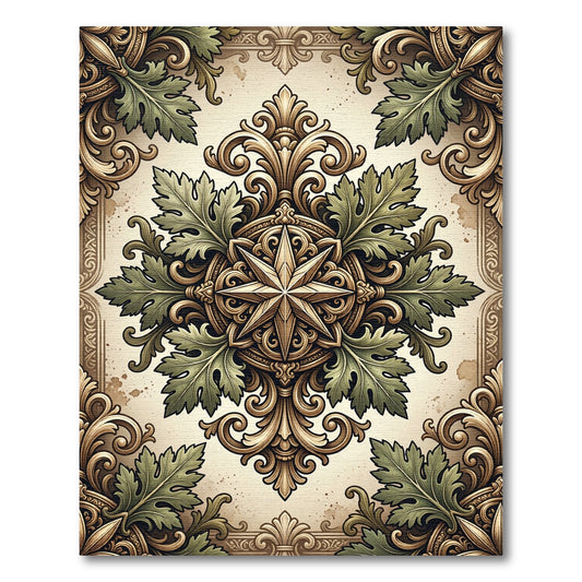 Ornate Gold Green Leaf Medallion Rug
