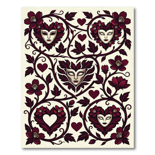Deep Red Venetian Mask Floral Scroll Rug