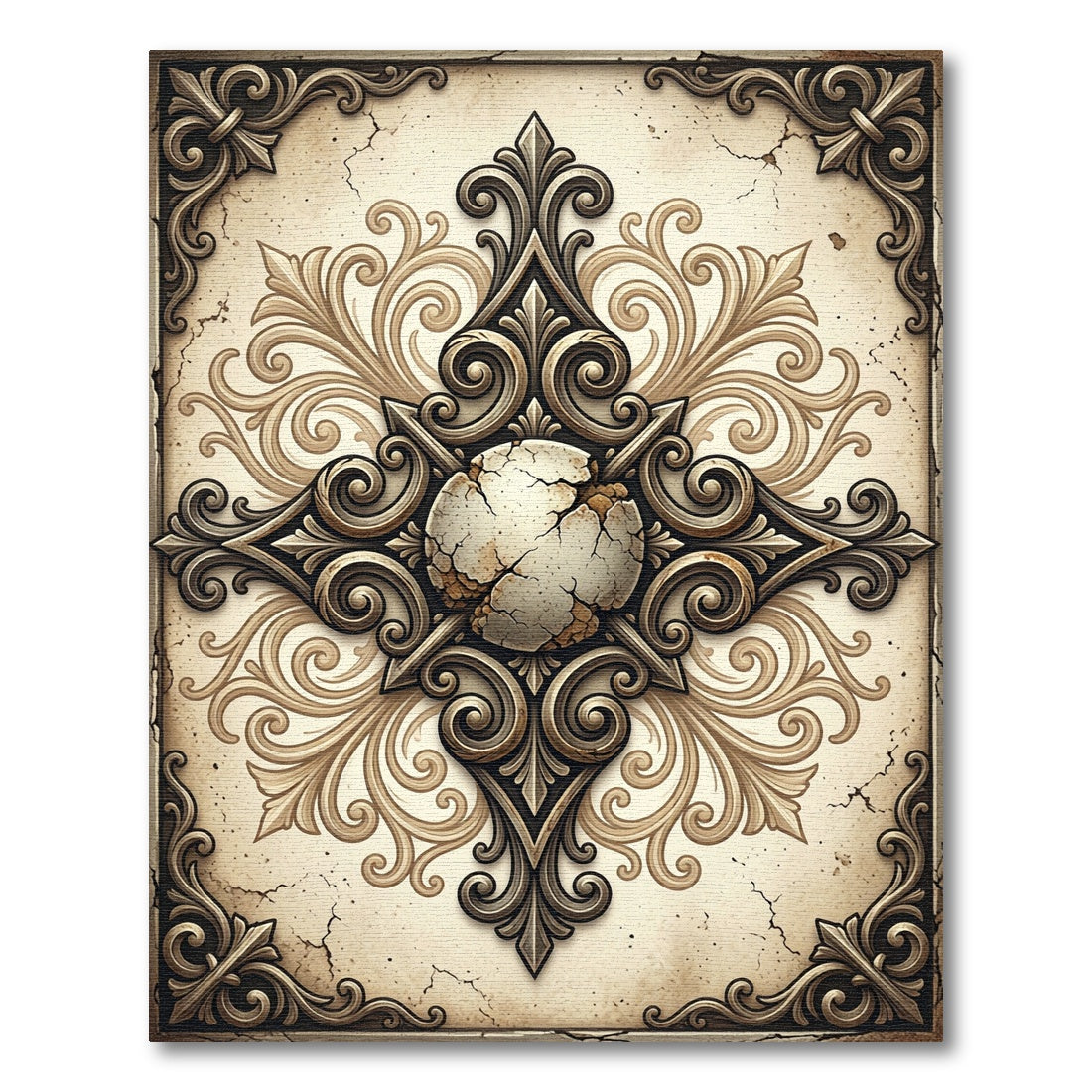 Antique Beige Cracked Stone Filigree Medallion Rug
