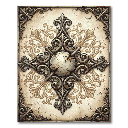 Antique Beige Cracked Stone Filigree Medallion Rug