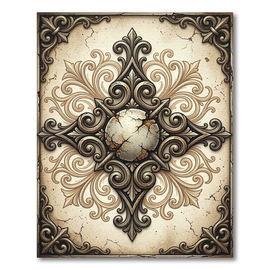 Antique Beige Cracked Stone Filigree Medallion Rug