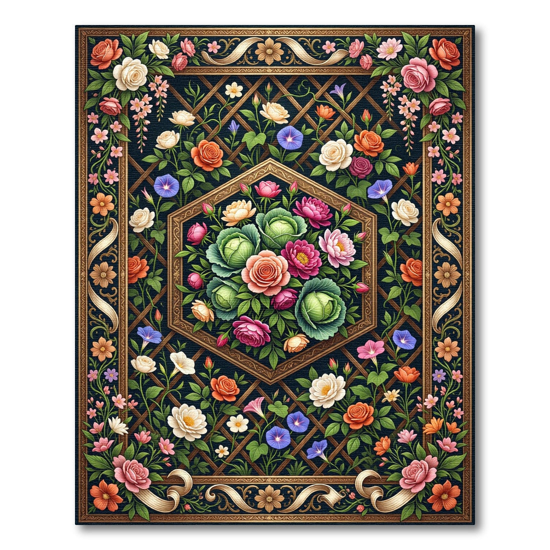 Ornate Floral Garden Lattice Rug