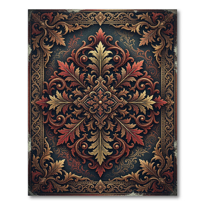 Ornate Crimson and Gold Damask Medallion Rug