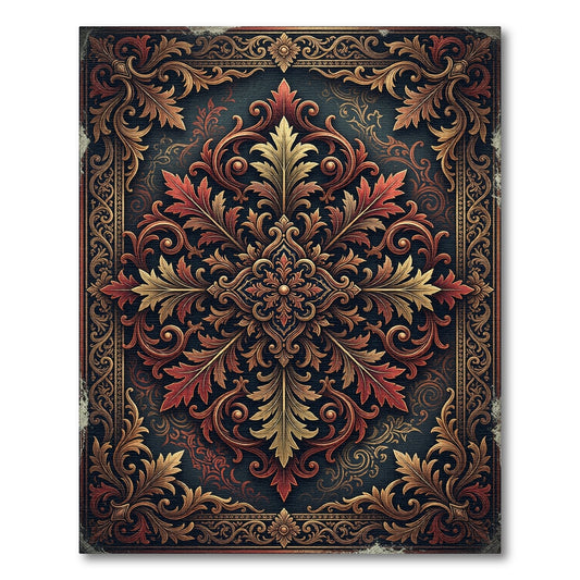 Ornate Crimson and Gold Damask Medallion Rug