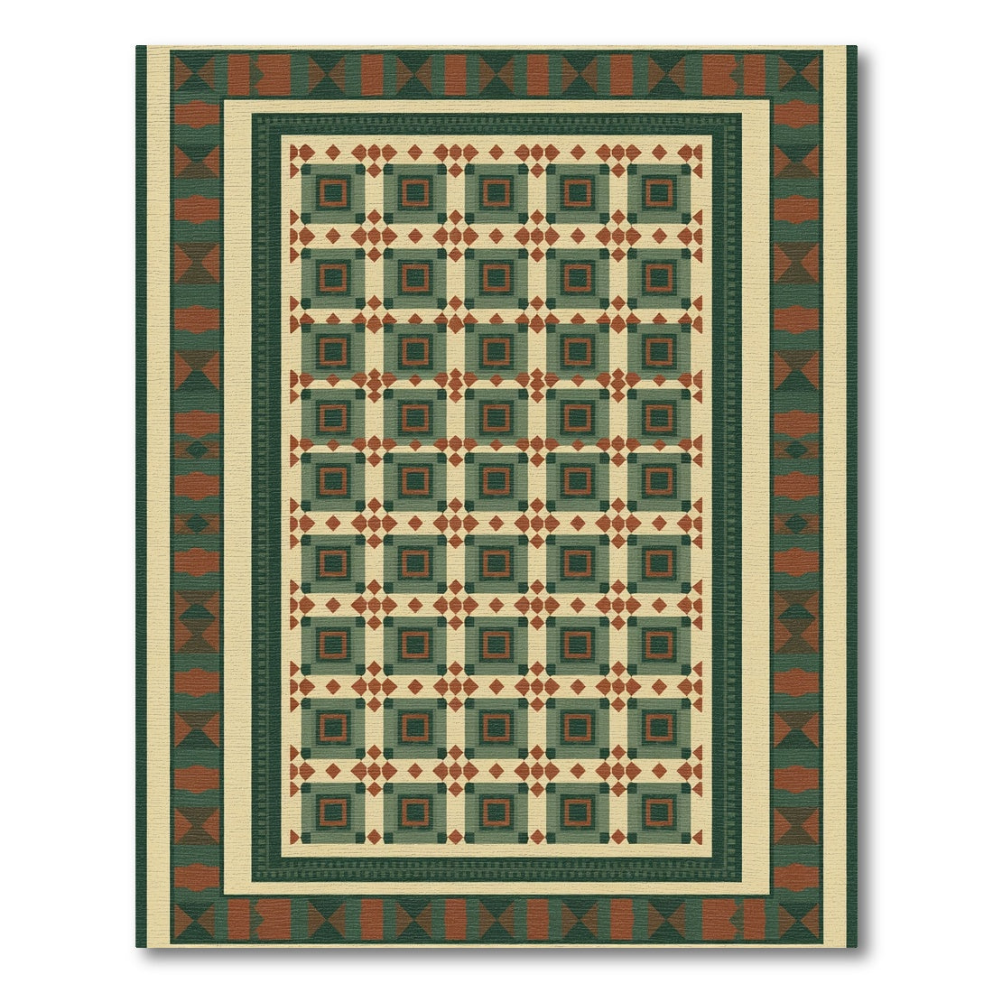 Geometric Square Red Green Cream Rug