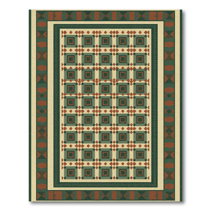 Geometric Square Red Green Cream Rug
