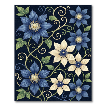 Elegant Navy Blue Clematis Floral Vine Rug