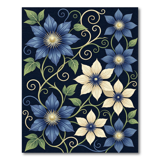 Elegant Navy Blue Clematis Floral Vine Rug
