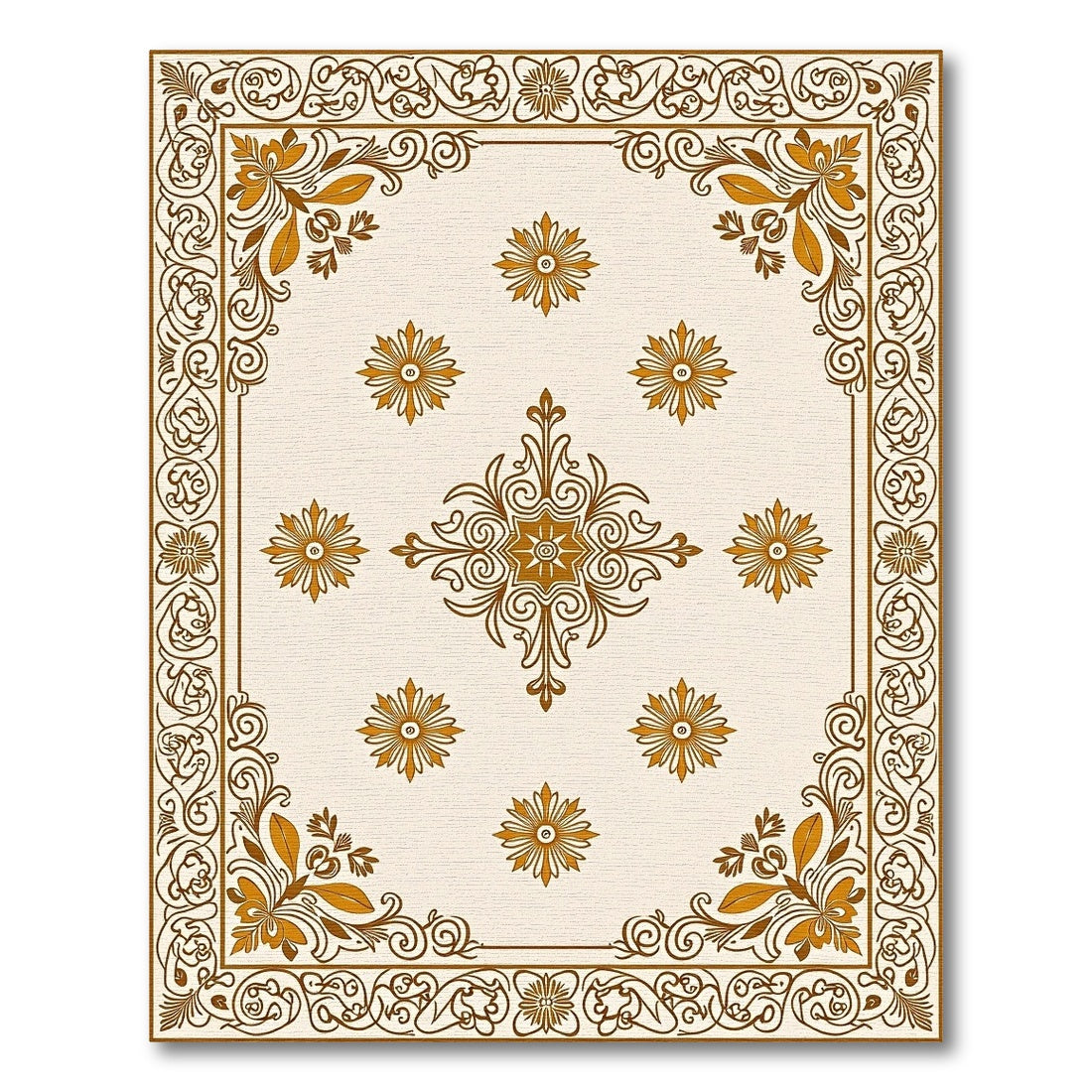 Ornate Gold Floral Medallion Frame Rug