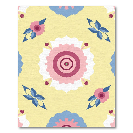 Pink Blue Floral Medallion Yellow Surface Rug
