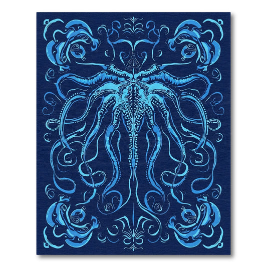Deep Blue Oceanic Tentacle Mandala Rug