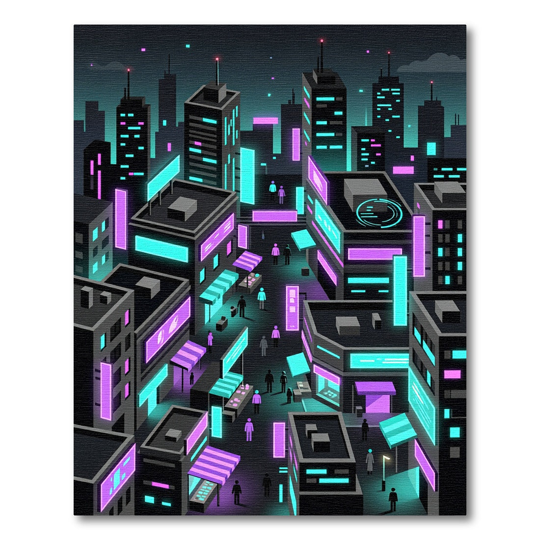 Neon Cyberpunk Cityscape Isometric Grid Rug