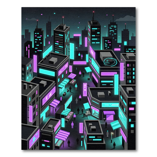 Neon Cyberpunk Cityscape Isometric Grid Rug