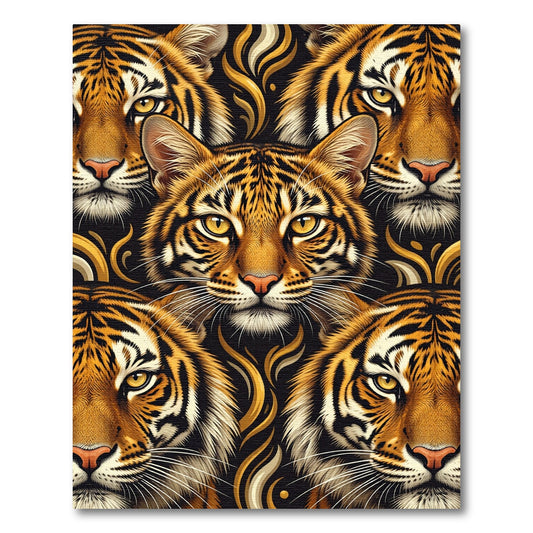 Dramatic Tiger Faces Gold Swirls Rug