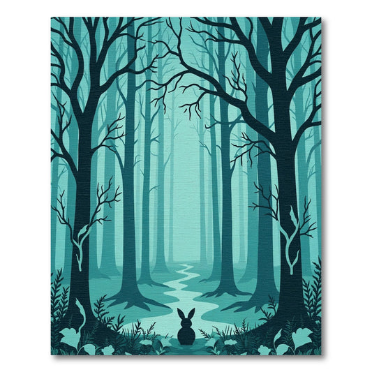 Misty Teal Forest Path Rabbit Rug