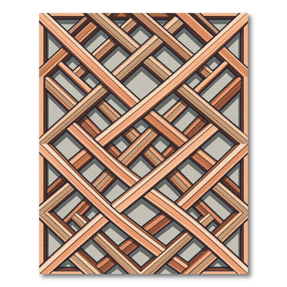 Geometric Ochre Wood Lattice Grid Rug