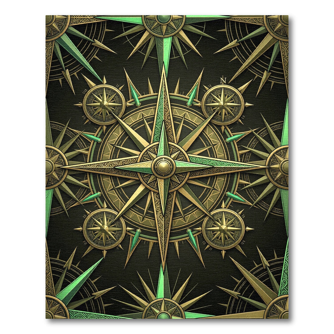 Golden Green Compass Rose Medallion Rug