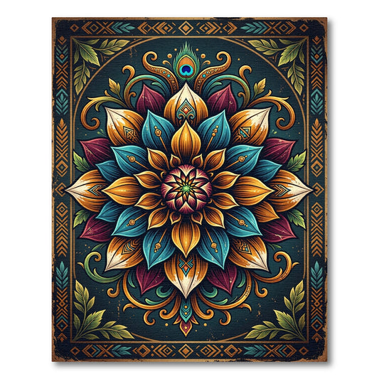 Vibrant Teal Golden Floral Mandala Rug