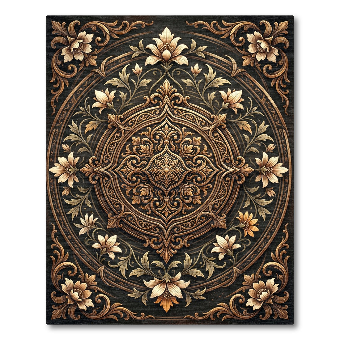 Ornate Golden Floral Circular Medallion Rug