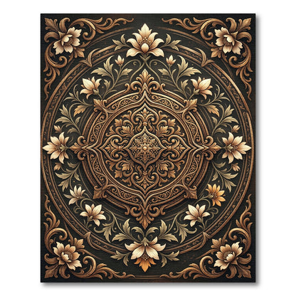 Ornate Golden Floral Circular Medallion Rug