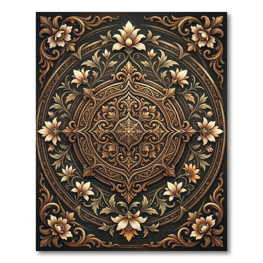 Ornate Golden Floral Circular Medallion Rug