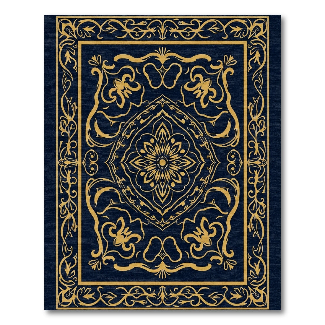 Golden Dark Blue Floral Medallion Rug