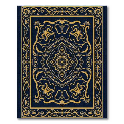 Golden Dark Blue Floral Medallion Rug