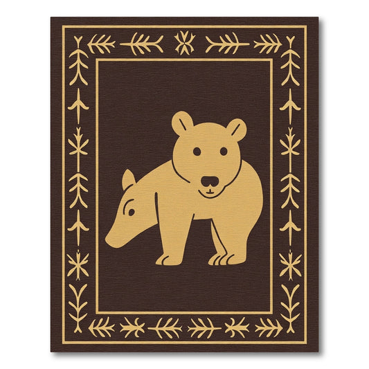 Brown Gold Folk Bear Border Rug