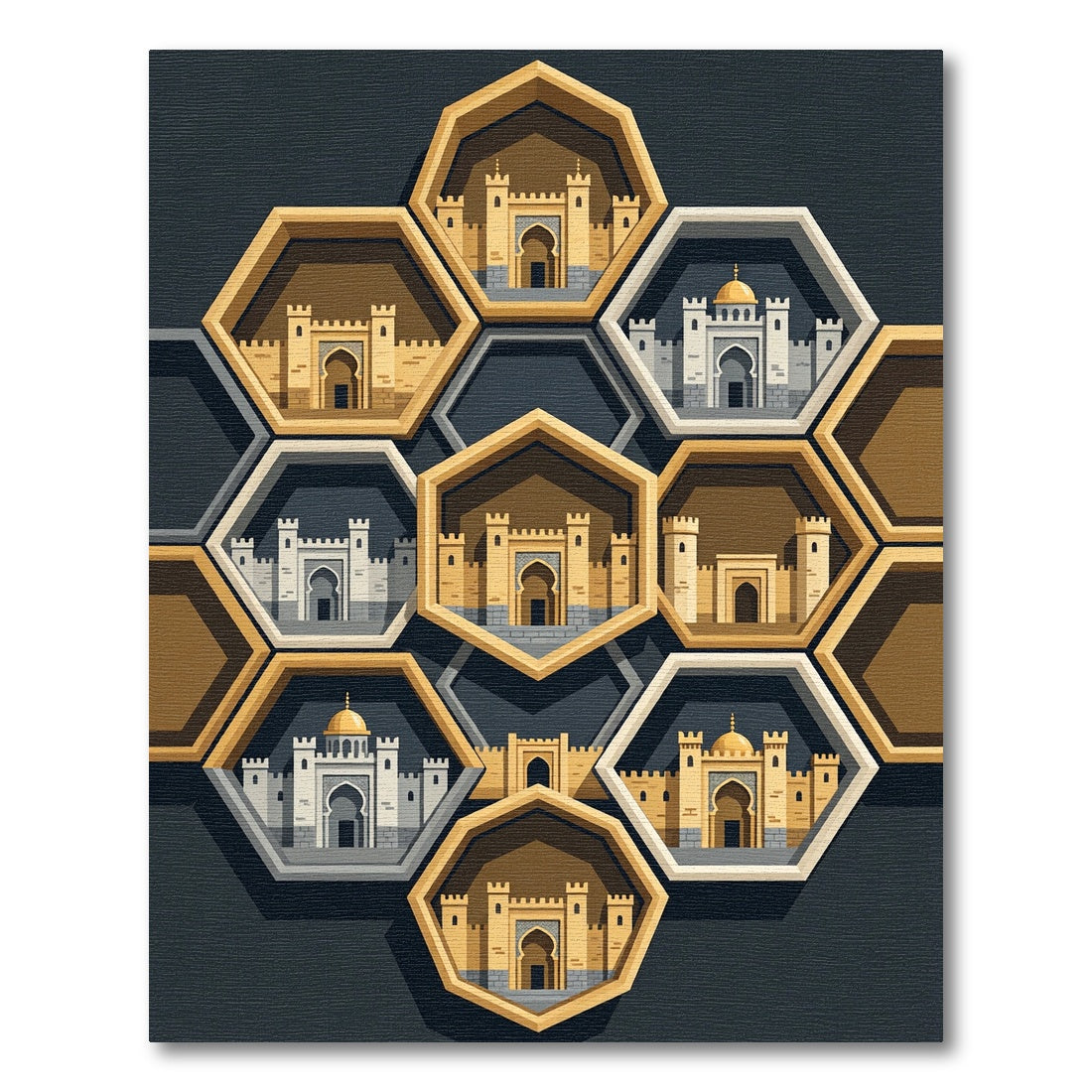 Golden Hexagonal Castle Fortress Grid Rug