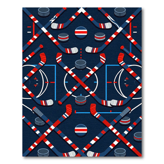 Geometric Hockey Stick and Puck Art Rug
