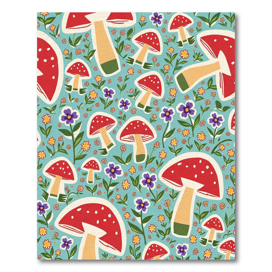 Whimsical Red Mushroom Floral Meadow Rug