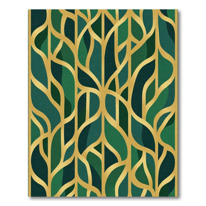 Emerald Green Gold Art Deco Leaves Rug