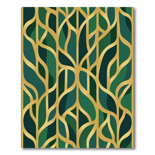 Emerald Green Gold Art Deco Leaves Rug
