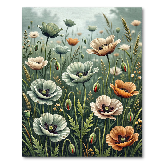 Muted Botanical Poppy Meadow Field Rug
