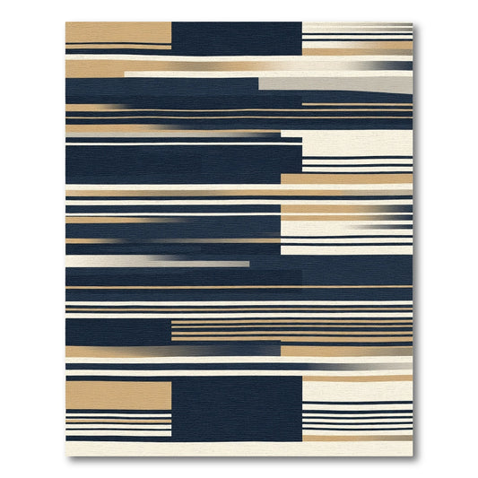 Deep Navy Tan Horizontal Stripe Rectangles Rug