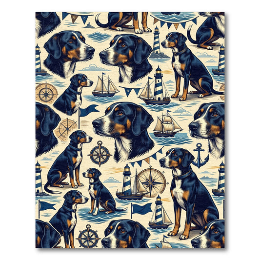 Nautical Mountain Dog and Lighthouse Illustration Rug