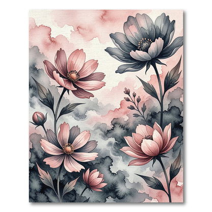 Watercolor Pink and Charcoal Floral Garden Rug