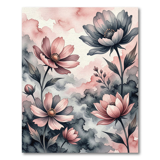 Watercolor Pink and Charcoal Floral Garden Rug