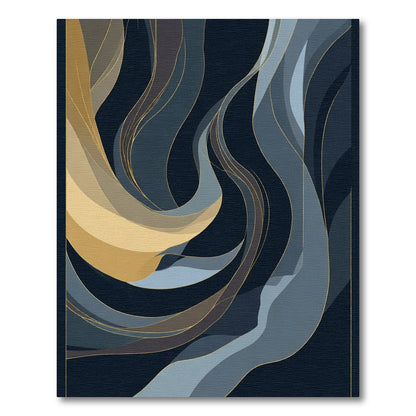Abstract Gold Blue Swirl Ribbon Flow Rug