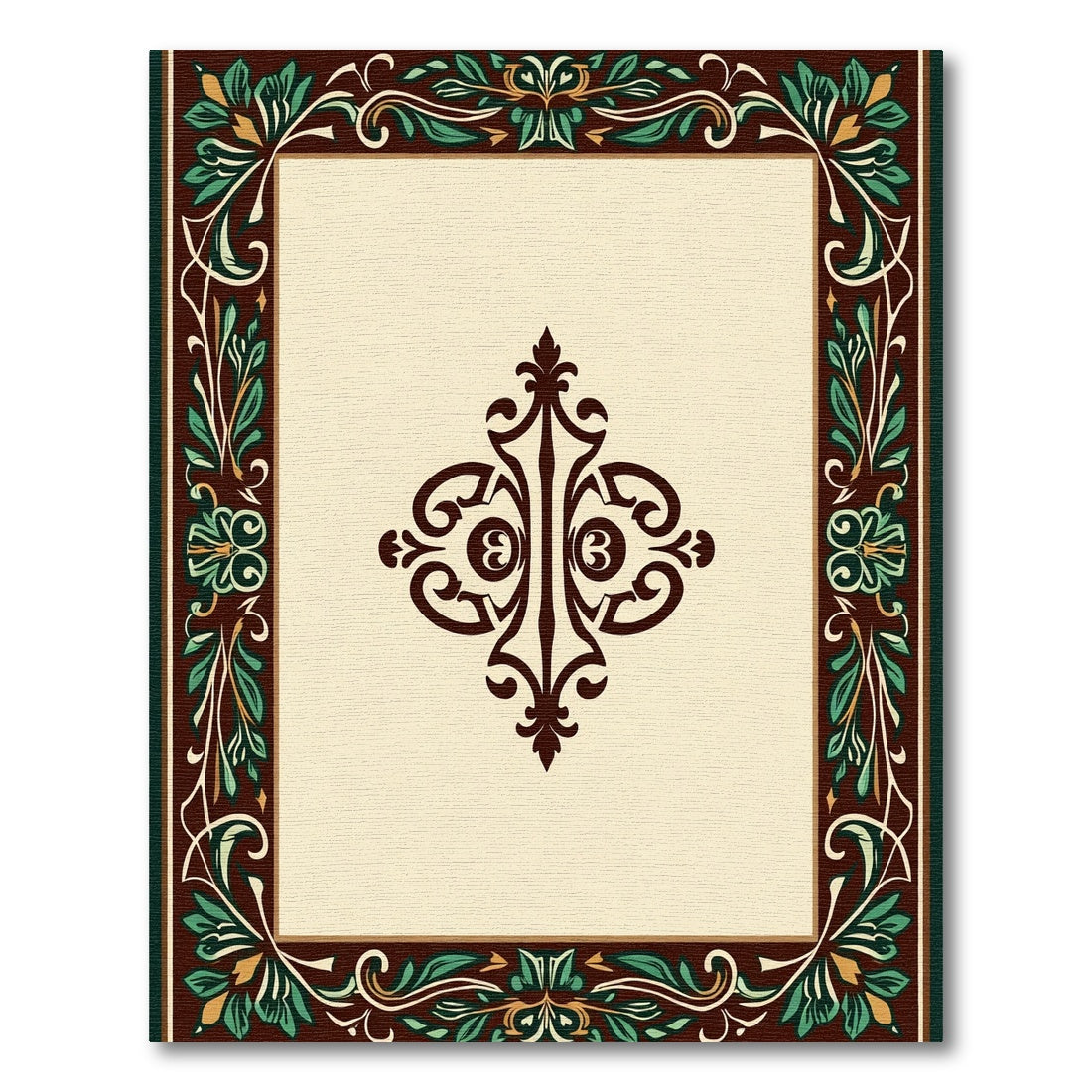 Ornate Brown Green Floral Medallion Frame Rug
