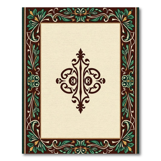 Ornate Brown Green Floral Medallion Frame Rug