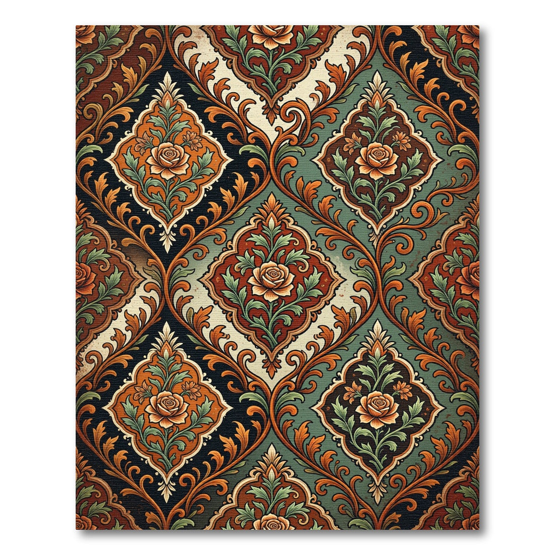 Vintage Rose Damask Medallion Teal Gold Rug